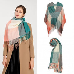 S6430 - Women Fashion Long Shawl Grid Tassel Winter Warm Lattice Large Scarf - Green