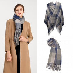 S6430 - Women Fashion Long Shawl Grid Tassel Winter Warm Lattice Large Scarf - Grey