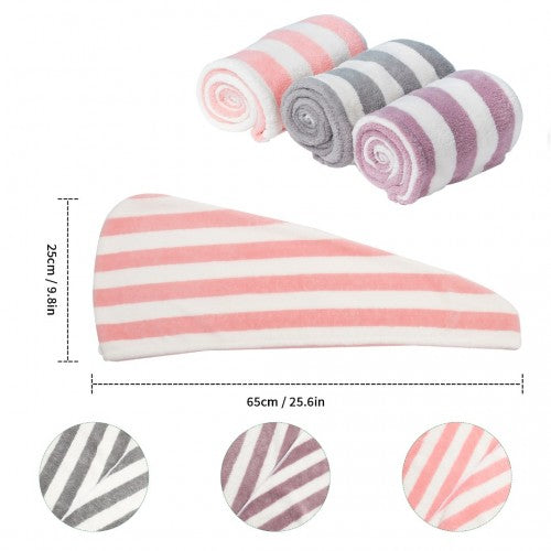 Hair Turban-2 - Absorbent Microfibre Coarse Stripe Hair Towel with Button Design -3 Pcs Pack