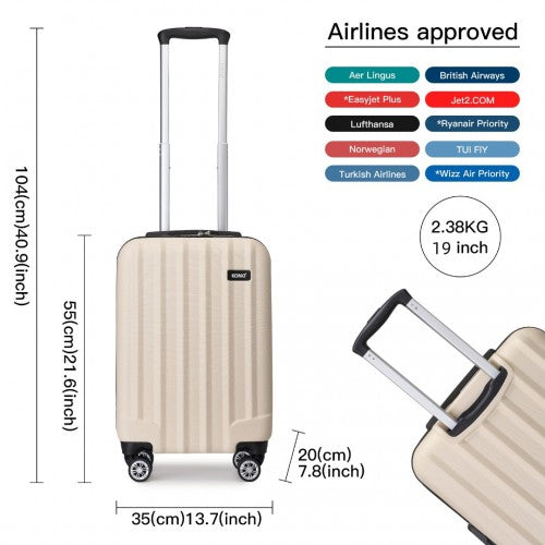 K1773-1L - Kono 19 Inch Cabin Size ABS Hard Shell Luggage with Vertical Stripes - Ideal for Carry-On - Beige