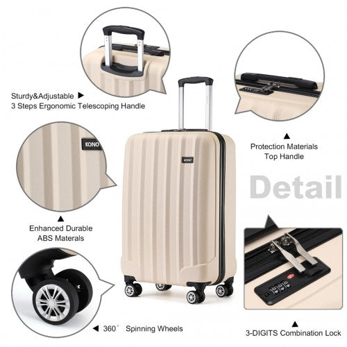 K1773-1L - Kono 19 Inch Cabin Size ABS Hard Shell Luggage with Vertical Stripes - Ideal for Carry-On - Beige