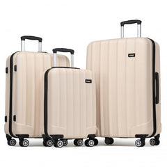 K1773-1L - Kono 19/24/28 Inch 3 Piece Set Striped ABS Hard Shell Luggage with 360-Degree Spinner Wheels - Beige