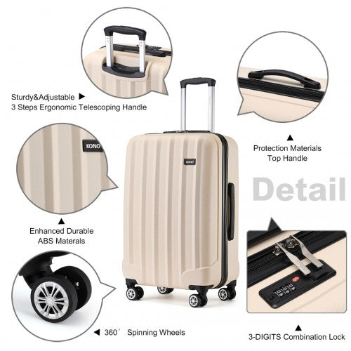 K1773-1L - Kono 19/24/28 Inch 3 Piece Set Striped ABS Hard Shell Luggage with 360-Degree Spinner Wheels - Beige