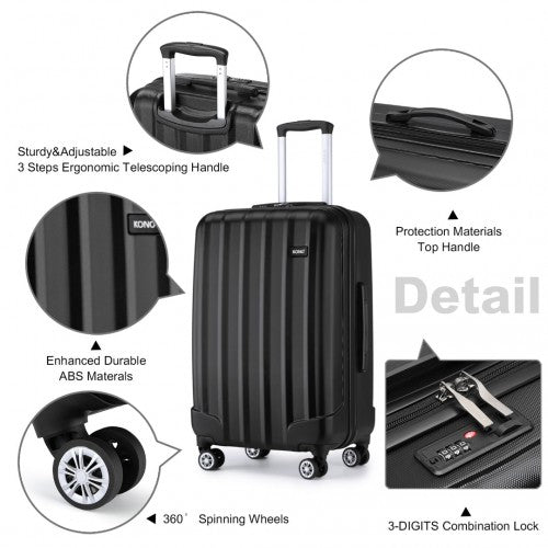 K1773-1L - Kono 24 Inch Striped ABS Hard Shell Luggage with 360-Degree Spinner Wheels - Black