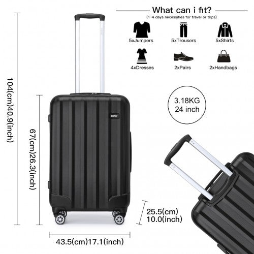 K1773-1L - Kono 24 Inch Striped ABS Hard Shell Luggage with 360-Degree Spinner Wheels - Black