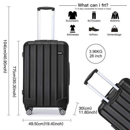 K1773-1L - Kono 28 Inch Striped ABS Hard Shell Luggage with 360-Degree Spinner Wheels - Black