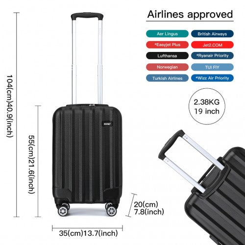 K1773-1L - Kono 19/24/28 Inch 3 Piece Set Striped ABS Hard Shell Luggage with 360-Degree Spinner Wheels - Black