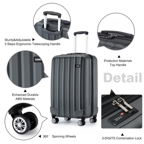 K1773-1L - Kono 19 Inch Cabin Size ABS Hard Shell Luggage with Vertical Stripes - Ideal for Carry-On - Grey