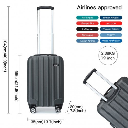 K1773-1L - Kono 19 Inch Cabin Size ABS Hard Shell Luggage with Vertical Stripes - Ideal for Carry-On - Grey