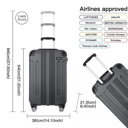 K1777-1L - Kono 19 Inch ABS Lightweight Compact Hard Shell Cabin Suitcase Travel Carry-On Luggage - Grey