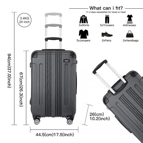 K1777-1L - Kono 24 Inch ABS Lightweight Compact Hard Shell Travel Luggage For Extended Journeys - Grey