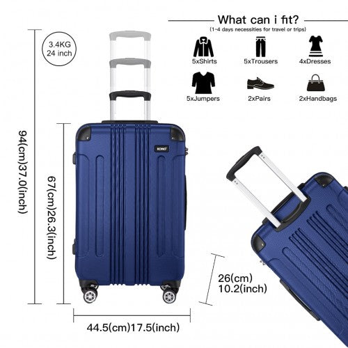 K1777-1L - Kono 19/24/28 Inch 3 Piece Set ABS Lightweight Compact Hard Shell Travel Luggage - Navy