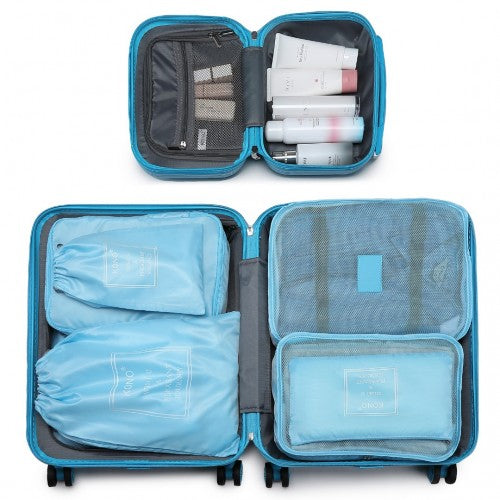 K1871-1L+E2019 - Kono ABS Suitcase Set With 4 Wheel Design Including Vanity Case And Travel Luggage Organiser Bag Set - Blue