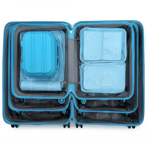 K1871-1L+E2019 - Kono ABS Suitcase Set With 4 Wheel Design Including Vanity Case And Travel Luggage Organiser Bag Set - Blue