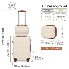 K1871-1L+EA2212 - Kono ABS 4 Wheel Suitcase Set With Vanity Case And Weekend Bag And Toiletry Bag - Dark Beige and Brown