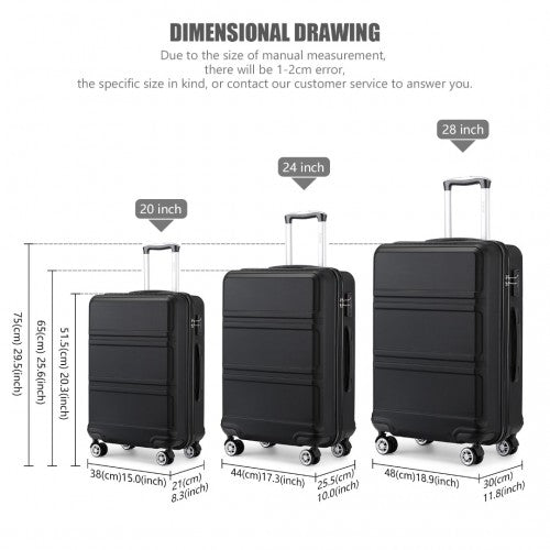 K1871-1L - Kono ABS Sculpted Horizontal Design 3 Piece Suitcase Set - Black