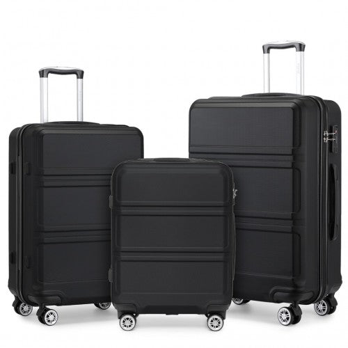 K1871-1L - Kono ABS Sculpted Horizontal Design 3 Piece Suitcase Set - Black