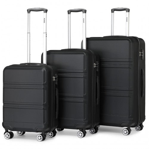 K1871-1L - Kono ABS Sculpted Horizontal Design 3 Piece Suitcase Set - Black