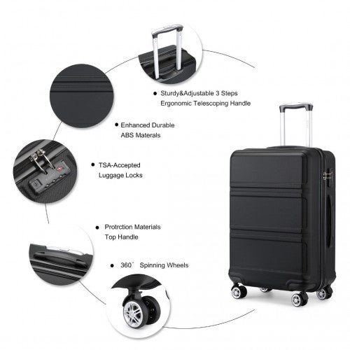 K1871-1L - Kono ABS Sculpted Horizontal Design 3 Piece Suitcase Set - Black