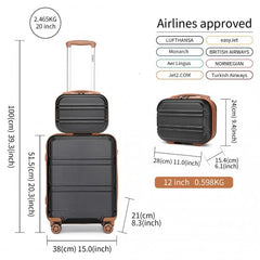 K1871-1L - Kono ABS 4 Wheel Suitcase Set with Vanity Case - Black And Brown