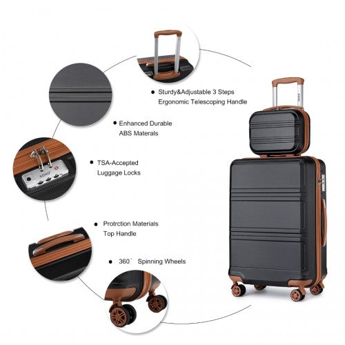 K1871-1L - Kono ABS 4 Wheel Suitcase Set with Vanity Case - Black And Brown