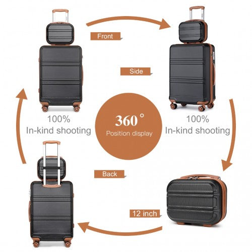 K1871-1L - Kono ABS 4 Wheel Suitcase Set with Vanity Case - Black And Brown