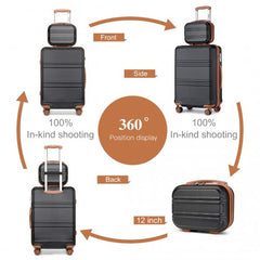 K1871-1L - Kono ABS 4 Wheel Suitcase Set with Vanity Case - Black And Brown