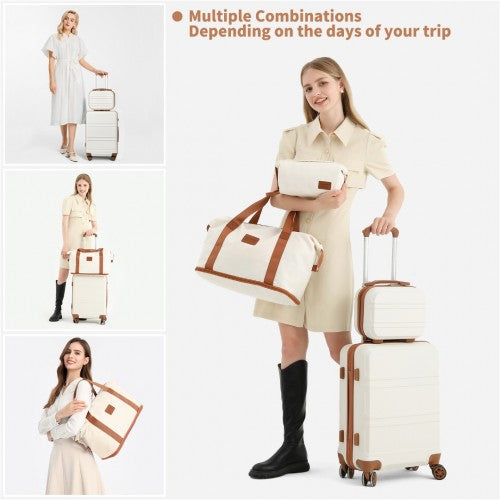 K1871-1L+EA2212 - Kono ABS 4 Wheel Suitcase Set With Vanity Case And Weekend Bag And Toiletry Bag - Cream