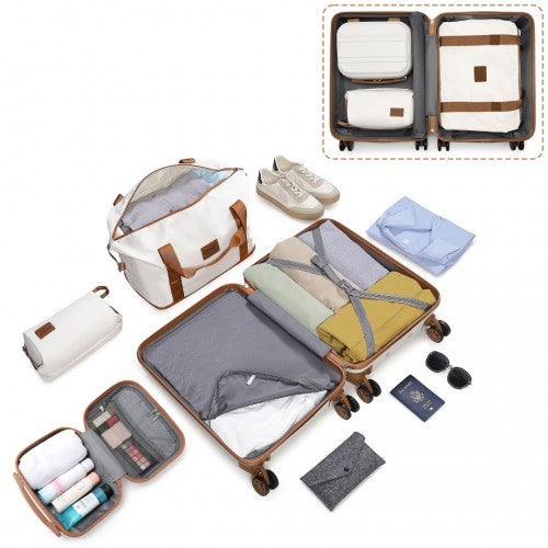 K1871-1L+EA2212 - Kono ABS 4 Wheel Suitcase Set With Vanity Case And Weekend Bag And Toiletry Bag - Cream