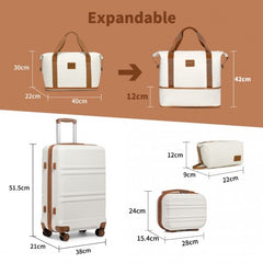 K1871-1L+EA2212 - Kono ABS 4 Wheel Suitcase Set With Vanity Case And Weekend Bag And Toiletry Bag - Cream