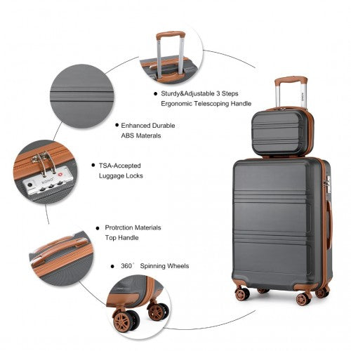 K1871-1L+EA2212 - Kono ABS 4 Wheel Suitcase Set With Vanity Case And Weekend Bag And Toiletry Bag - Grey And Brown