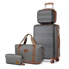 K1871-1L+EA2212 - Kono ABS 4 Wheel Suitcase Set With Vanity Case And Weekend Bag And Toiletry Bag - Grey And Brown