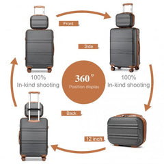 K1871-1L+EA2212 - Kono ABS 4 Wheel Suitcase Set With Vanity Case And Weekend Bag And Toiletry Bag - Grey And Brown