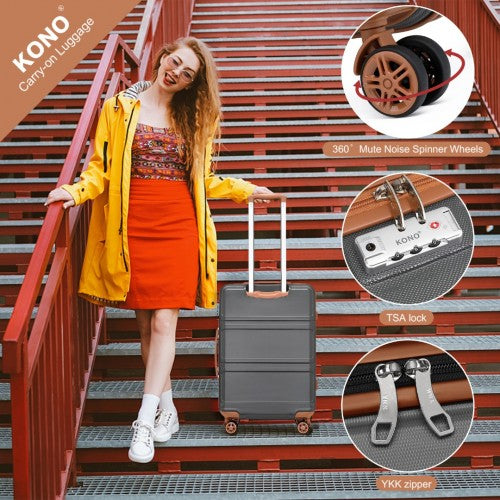 K1871-1L+EA2212 - Kono ABS 4 Wheel Suitcase Set With Vanity Case And Weekend Bag And Toiletry Bag - Grey And Brown