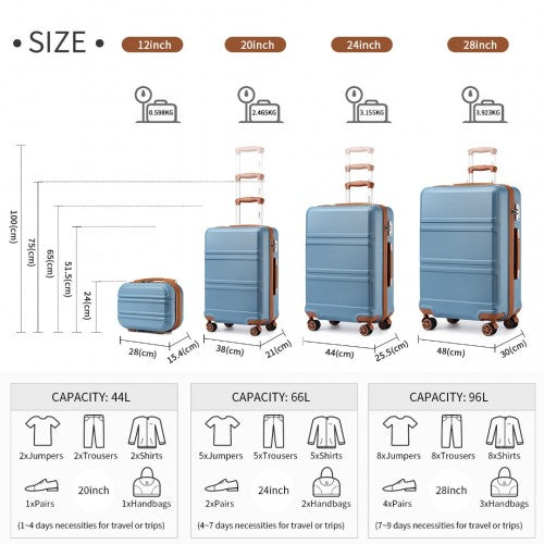 K1871-1L - Kono ABS Sculpted Horizontal Design 4 Pcs Suitcase Set With Vanity Case - Grayish Blue And Brown