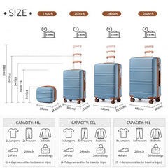 K1871-1L - Kono ABS Sculpted Horizontal Design 4 Pcs Suitcase Set With Vanity Case - Grayish Blue And Brown