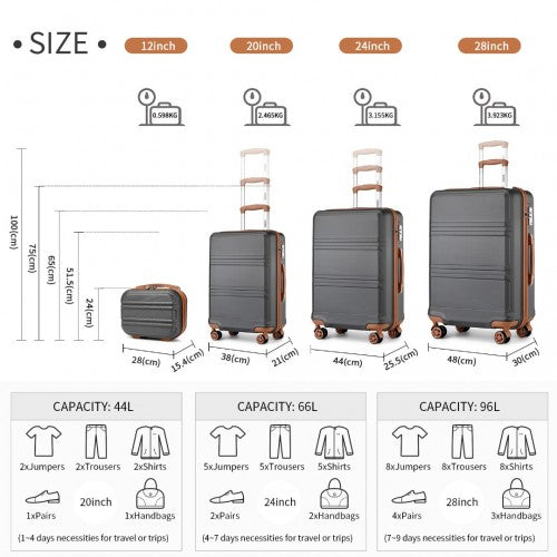 K1871-1L - Kono ABS Sculpted Horizontal Design 4 Pcs Suitcase Set With Vanity Case - Grey And Brown