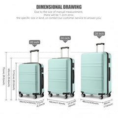 K1871-1L - Kono ABS Sculpted Horizontal Design 3 Piece Suitcase Set - Mint Green