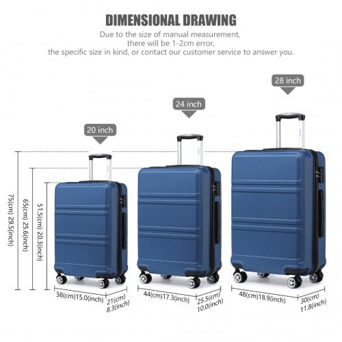 K1871-1L - Kono ABS Sculpted Horizontal Design 3 Piece Suitcase Set - Navy Blue