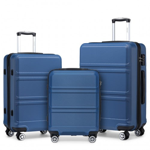 K1871-1L - Kono ABS Sculpted Horizontal Design 3 Piece Suitcase Set - Navy Blue