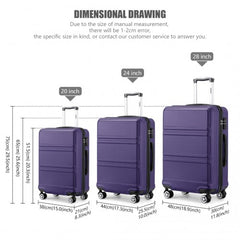 K1871-1L - Kono ABS Sculpted Horizontal Design 3 Piece Suitcase Set - Purple