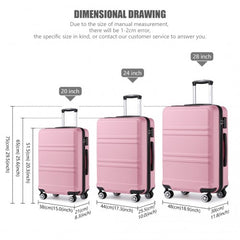 K1871-1L - Kono ABS Sculpted Horizontal Design 3 Piece Suitcase Set - Pink