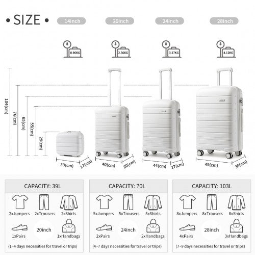 K2091L - Kono Multi Texture Hard Shell PP Suitcase With TSA Lock And Vanity Case 4 Pieces Set - Classic Collection - White