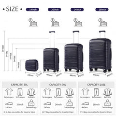 K2091L - Kono Multi Texture Hard Shell PP Suitcase With TSA Lock And Vanity Case 4 Pieces Set - Classic Collection - Navy