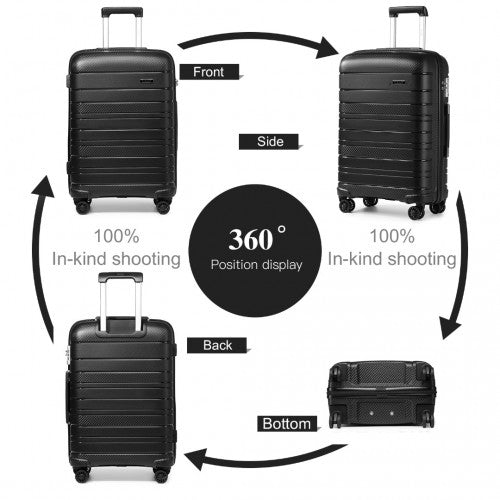 K2091L - Kono Multi Texture Hard Shell PP Suitcase With TSA Lock And Vanity Case 4 Pieces Set - Classic Collection - Black