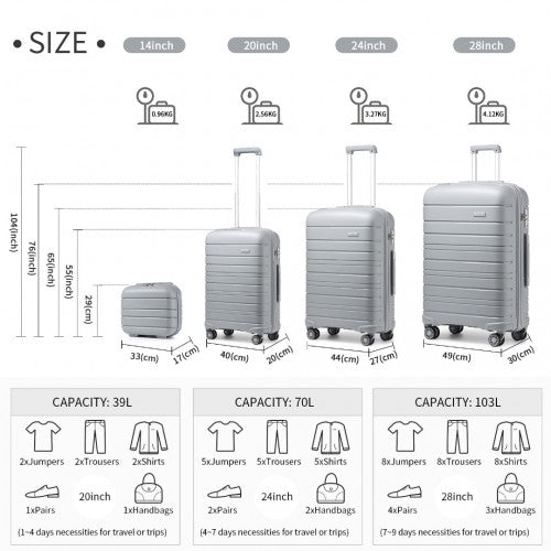 K2091L - Kono Multi Texture Hard Shell PP Suitcase With TSA Lock And Vanity Case 4 Pieces Set - Classic Collection - Grey