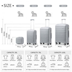 K2091L - Kono Multi Texture Hard Shell PP Suitcase With TSA Lock And Vanity Case 4 Pieces Set - Classic Collection - Grey