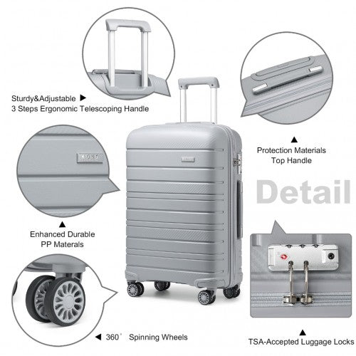 K2091L - Kono Multi Texture Hard Shell PP Suitcase With TSA Lock And Vanity Case 4 Pieces Set - Classic Collection - Grey