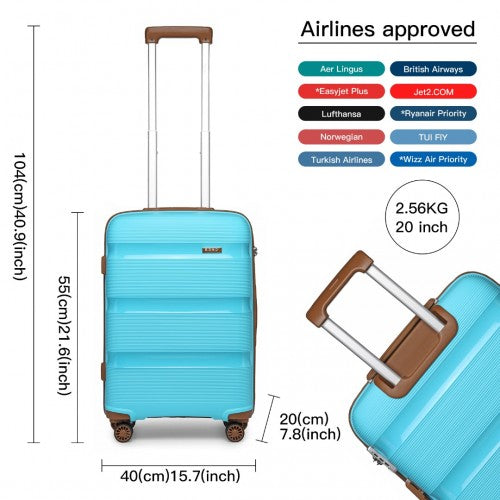 K2092L - Kono 20 Inch Bright Hard Shell PP Carry-On Suitcase In Cabin Size - Blue And Brown