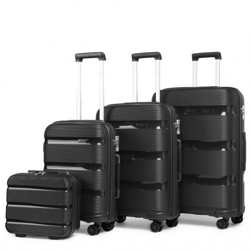 K2092L - Kono Bright Hard Shell PP Suitcase With TSA Lock And Vanity Case 4 Pieces Set - Classic Collection - Black